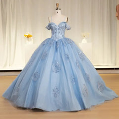 Luxury Bule Mexican Quinceanera Dress Sequins Off The Shoulder Lace Beads Sweet 16 Party Dress