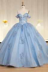 Luxury Bule Mexican Quinceanera Dress Sequins Off The Shoulder Lace Beads Sweet 16 Party Dress