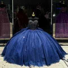 Luxury & Glitter Ball Gown Off Shoulder Beaded Bow Knot Dark Navy Tulle Quinceanera Dress Princess Party Gown For Sweet 16