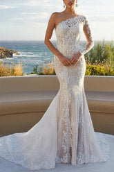 Luxury Lace One-Shoulder Long Sleeves Mermaid Wedding Dresses