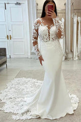 Luxury Lace/Satin Wedding Dresses with Illusion Neck and Long Sleeves