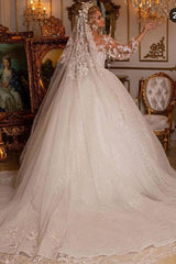 Luxury Long Ball Gown Puffy Sleeves Wedding Dress with and Appliques