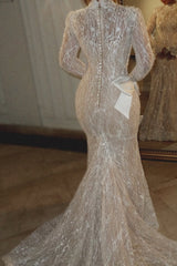 Dreamyannie Luxury Long Sleeve Wedding Dress Beaded Mermaid High Neck Bridal Gown with Detachable Train