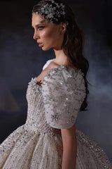Dreamyannie Luxury Short Sleeve Wedding Dress Ball Gown Square Neck Bridal Gown with Beadings and Rhinestones