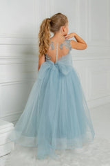 Blue Tulle Beaded Princess Flower Girl Dress with Bowknot