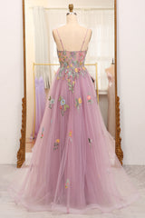 Mauve Prom Dress A Line Tulle Beaded Appliques Long Evening Dress With Front Slit