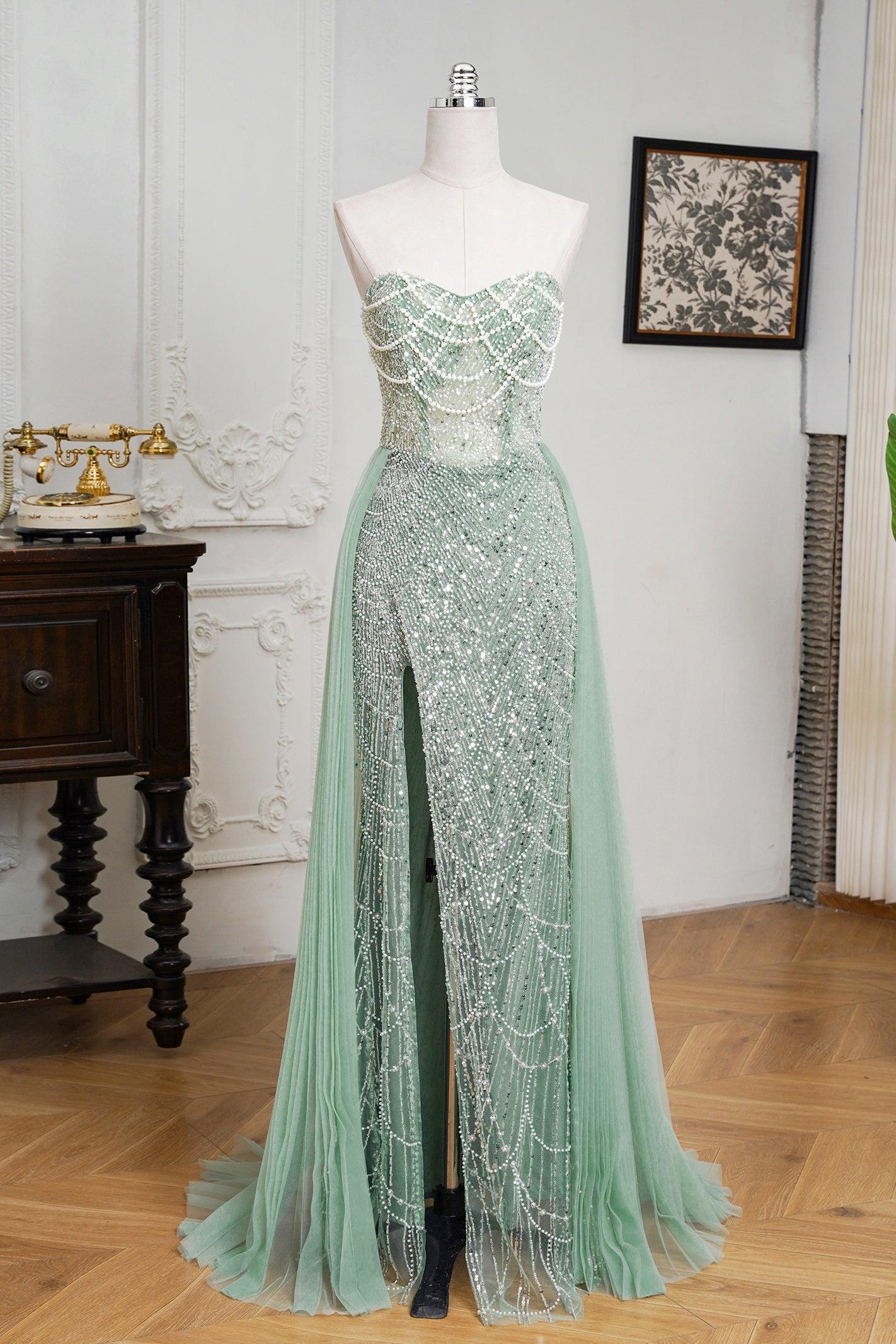 Ment Green Beaded Formal Dress Strapless Sheath Wedding Party Dress with Panel Train