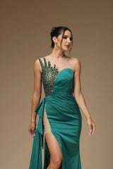 Mermaid Asymmetrical High Split Beaded Floor Length Sleeveless Prom Dress