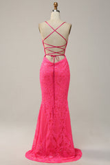 Mermaid Backless Hot Pink Prom Dress Sequined Long Evening Dress