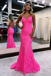Mermaid Backless Hot Pink Prom Dress Sequined Long Evening Dress