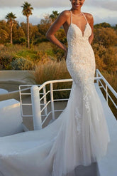 Mermaid Beach Wedding Dresses with Lace and Back Hole