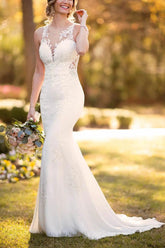 Mermaid Beach Wedding Dresses with Lace and Back Hole