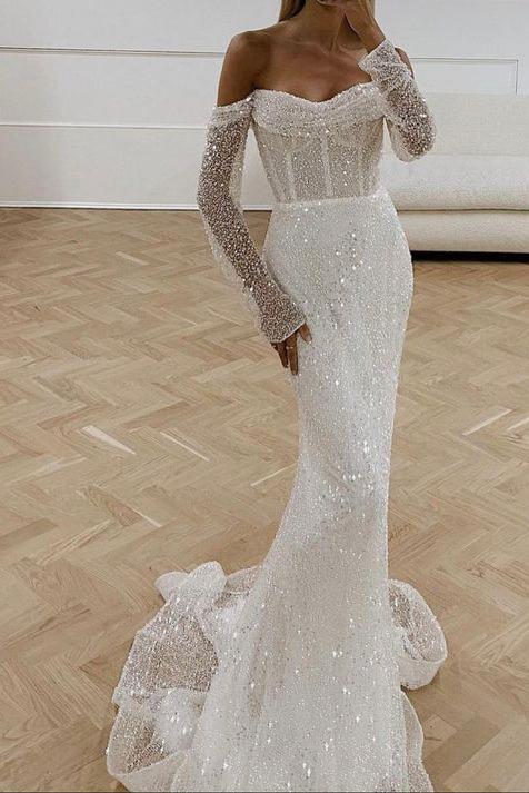 Mermaid Beach Wedding Dresses with Sequined Long Sleeves