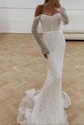 Mermaid Beach Wedding Dresses with Sequined Long Sleeves
