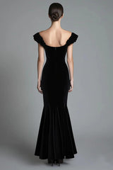 Mermaid Black Velvet Wedding Guest Dress Off The Shoulder Long Formal Dress