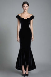 Mermaid Black Velvet Wedding Guest Dress Off The Shoulder Long Formal Dress