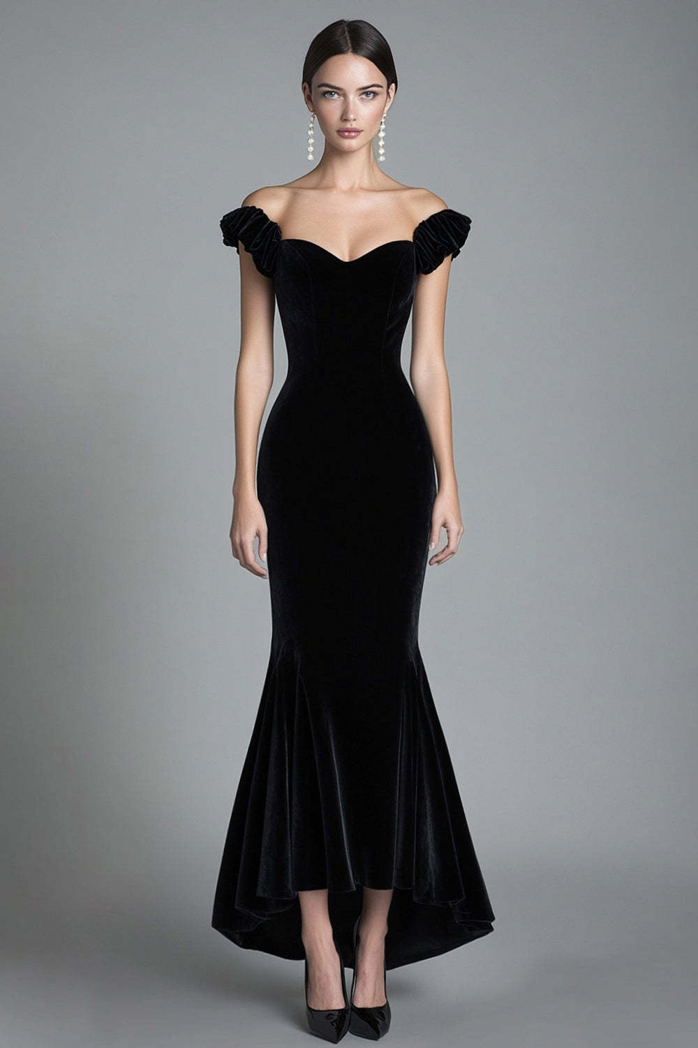 Mermaid Black Wedding Guest Dress Velvet Off The Shoulder Long Formal Dress