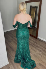 Mermaid Dark Green Prom Dress Off The Shoulder Long Formal Dress With Slit