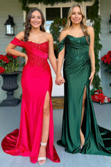 Mermaid Dark Green Prom Dress Satin Formal Dress With Slit
