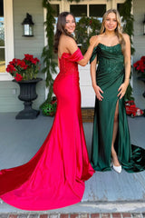 Mermaid Dark Green Prom Dress Satin Formal Dress With Slit