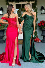 Mermaid Dark Green Prom Dress Satin Formal Dress With Slit