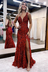 Mermaid Dark Red Prom Dress Long Evening Dress With Slit