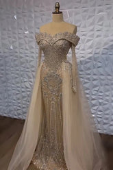 Champagne Detachable Train Prom Dress Long Sleeve Off the Shoulder Beaded Evening Dress