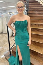 Mermaid Emerald Green Prom Dress Corset Long Evening Dress With Lace