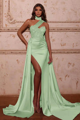Mermaid Evening Dress with High Neck Split Beads and Ruffles