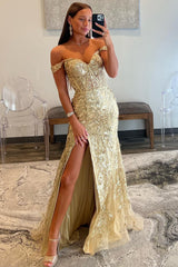Mermaid Golden Long Sequins Prom Dress With Slit