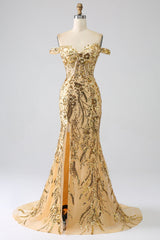 Mermaid Golden Prom Dress Long Metallic Sequined Evening Dress