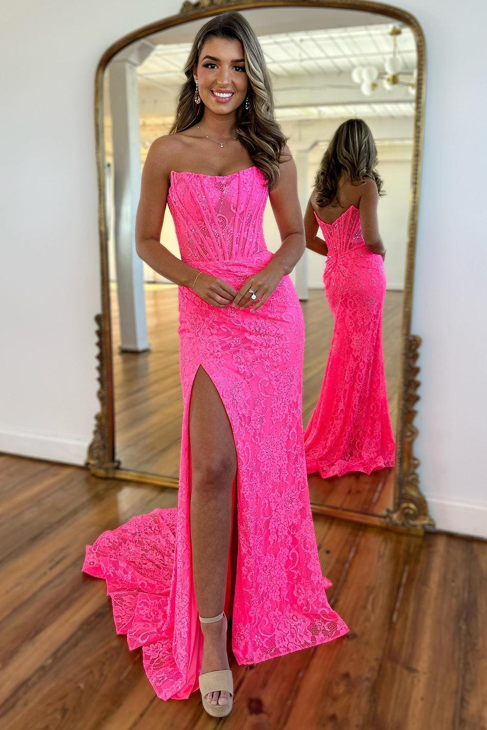 Mermaid Hot Pink Prom Dress Strapless Corset Evening Dress with Appliq Dreamyannie UK Mermaid Hot Pink Prom Dress Strapless Corset Evening Dress with Appliq Dreamyannie UK