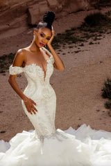 Mermaid Lace Off The Shoulder Sleeveless White Beach Wedding Dress Bridal Gown With Beading