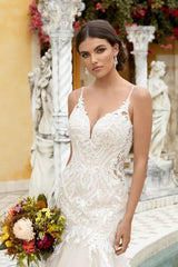 Mermaid Lace Spaghetti Straps Sleeveless White Wedding Dress Bridal Gown With Ruffles