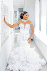 Mermaid Long Sleeve Wedding Dress Luxury Beaded Bridal Gown with Ruffled Skirt