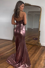 Mermaid Metallic Dark Purple Prom Dress Strapless Long Formal Dress With Slit