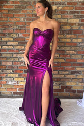 Mermaid Metallic Dark Purple Prom Dress Strapless Long Formal Dress With Slit