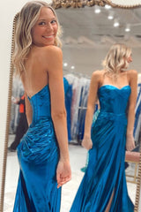Mermaid Metallic Turquoise Prom Dress Strapless Long Formal Dress With Slit