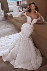 Mermaid Off The Shoulder Wedding Dress Lace Appliques Bridal Dress