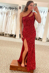 Mermaid One Shoulder Dark Purple Prom Dress Sequined Long Evening Dress