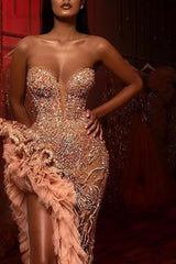 Mermaid Prom Dress Beading Sleeveless Long Split Evening Dress With Ruffles