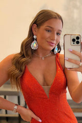 Mermaid Prom Dress Deep V Neck Orange Long Evening Dress with Beading