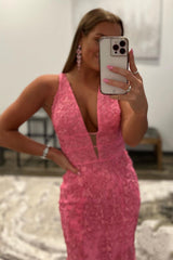 Mermaid Prom Dress Deep V Neck Pink Long Evening Dress with Appliques
