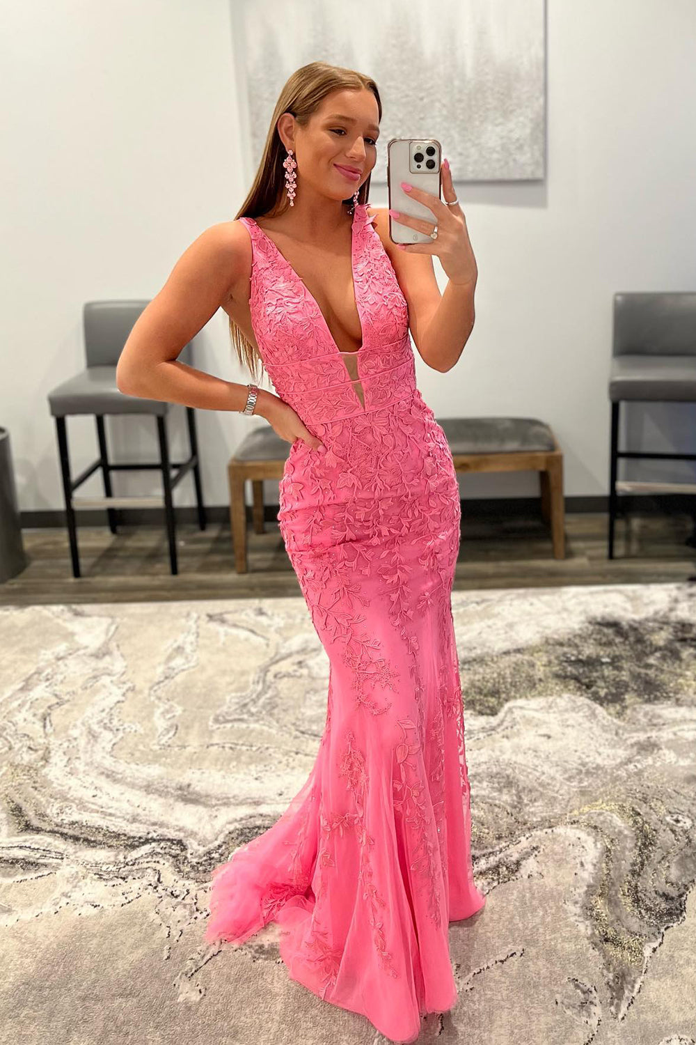 Mermaid Prom Dress Deep V Neck Pink Long Evening Dress with Appliques Dreamyannie UK Mermaid Prom Dress Deep V Neck Pink Long Evening Dress with Appliques Dreamyannie UK