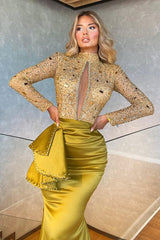 Mermaid Prom Dress Green Long Sleeve High Neck Beaded Evening Dress