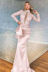 Mermaid Prom Dress Green Long Sleeve High Neck Beaded Evening Dress