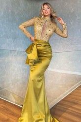 Mermaid Prom Dress Green Long Sleeve High Neck Beaded Evening Dress