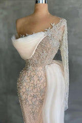 Mermaid Prom Dress Long Sleeve Asymmetric Beaded Evening Dress