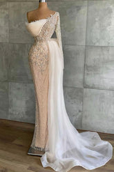 Mermaid Prom Dress Long Sleeve Asymmetric Beaded Evening Dress