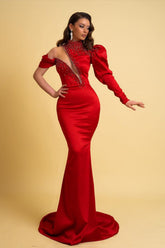 Mermaid Prom Dress Long Sleeve Asymmetric Neck Beaded Evening Dress